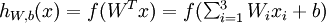 \textstyle h_{W,b}(x) = f(W^Tx) = f(\sum_{i=1}^3 W_{i}x_i +b)