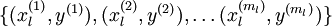 \textstyle \{ (x_l^{(1)}, y^{(1)}),(x_l^{(2)}, y^{(2)}), \ldots (x_l^{(m_l)}, y^{(m_l)}) \}