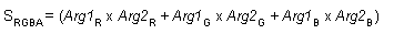 Equation of the dot product 3 operation (S(RGBA) = Arg1(R) x Arg2(R) + Arg1(G) x Arg2(G) + Arg1(B) x Arg2(B))