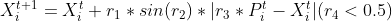 X_{i}^{t+1}=X_{i}^{t}+r_{1}*sin(r_2)*|r_3*P_{i}^{t}-X_{i}^{t}| (r_4<0.5)