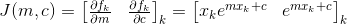 J(m,c)=\begin{bmatrix} \frac{\partial f_k}{\partial m} & \frac{\partial f_k}{\partial c}\end{bmatrix}_k=\begin{bmatrix} x_ke^{mx_k+c} & e^{mx_k+c} \end{bmatrix}_k