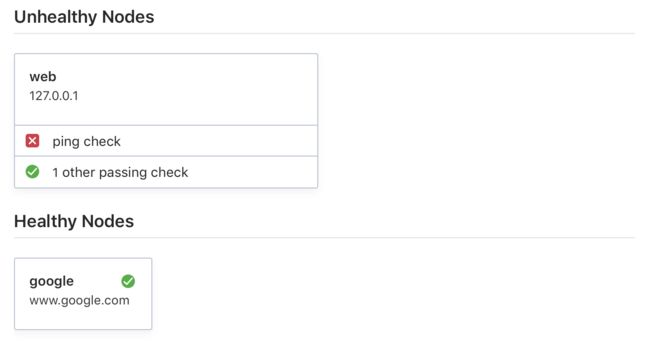 Consul UI showing status of health checks for external search service (passing, green circle) and internal web service (failing, red square).