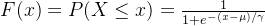 F(x)=P(X \leq x)=\frac{1}{1+e^{-(x-\mu) / \gamma}}