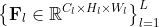 \left\{\mathbf{F}_{l} \in \mathbb{R}^{C_{l} \times H_{l} \times W_{l}}\right\}_{l=1}^{L}