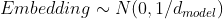 Embedding \sim N(0, 1/d_{model})