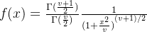 f(x)=\frac{\Gamma(\frac{v+1}{2})}{\Gamma(\frac{v}{2})}\frac{1}{​{(1+\frac{x^2}{v})}^{(v+1)/2}}