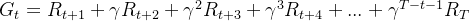 G_{t}=R_{t+1}+\gamma R_{t+2}+\gamma ^{2}R_{t+3}+\gamma ^{3}R_{t+4}+...+\gamma ^{T-t-1}R_{T}