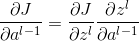 \frac{\partial J}{\partial a^{l-1}} = \frac{\partial J}{\partial z^l}\frac{\partial z^l}{\partial a^{l-1}}