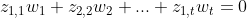 z_{1,1}w_1+z_{2,2}w_2+...+z_{1,t}w_t=0