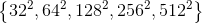 \left \{ 32^{2}, 64^{2}, 128^{2}, 256^{2}, 512^{2}\right \}