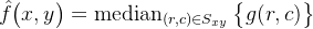 \hat{f}\big(x,y\big)=\operatorname{median}_{(r,c)\in S_{xy}}\big\{g(r,c)\big\}