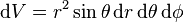 \mathrm{d}V=r^2\sin\theta\,\mathrm{d}r\,\mathrm{d}\theta\,\mathrm{d}\phi