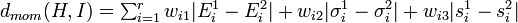 d_{mom}(H,I)=\textstyle\sum_{i=1}^{r}w_{i1}|E_i^1-E_i^2|+w_{i2}|\sigma_i^1-\sigma_i^2|+w_{i3}|s_i^1-s_i^2|