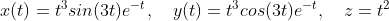 x(t)=t^3sin(3t)e^{-t},\quad y(t)=t^3cos(3t)e^{-t},\quad z=t^2