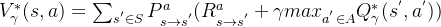 V_{\gamma}^{*}(s,a)=\sum_{s^{'} \in S}P_{s\rightarrow s^{'}}^a(R_{s \rightarrow s^{'}}^{a}+\gamma max_{a^{'} \in A}Q_{\gamma}^{*}(s^{'},a^{'}))