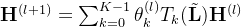 \mathbf{H}^{(l+1)}=\sum_{k=0}^{K-1}\theta_k^{(l)}T_k(\tilde{\mathbf{L}})\mathbf{H}^{(l)}