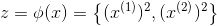 z = \phi(x) = \left \{ (x^{(1)})^2,(x^{(2)})^2\right \}