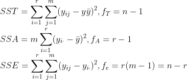 \\SST=\sum_{i=1}^r\sum_{j=1}^m(y_{ij}-y\bar{y})^2,f_T=n-1 \\SSA= m\sum_{i=1}^{r}(y_{i\cdot}-\bar{y})^2,f_A=r-1 \\SSE=\sum_{i=1}^r\sum_{j=1}^m(y_{ij}-y_{i\cdot})^2,f_e=r(m-1)=n-r