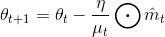 \theta _{t+1}=\theta _{t}-\frac{\eta }{\mu _{t}}\bigodot \hat{m}_{t}