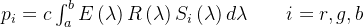 p_{i}=c\int_{a}^{b}E\left ( \lambda \right )R\left ( \lambda \right )S_{i}\left ( \lambda \right )d\lambda \; \; \; \; \; \; \; i=r,g,b