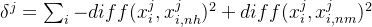 \delta ^j = \sum _{i} -diff(x_i^j, x_{i,nh}^j)^2 +diff(x_i^j, x_{i,nm}^j)^2