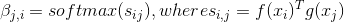 \beta_{j,i}=softmax(s_{ij}),where s_{i,j}=f(x_i)^Tg(x_j)