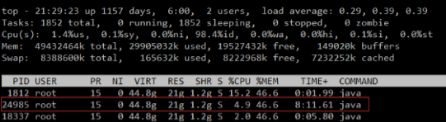 图 . 通过 top –H -p 查看运行时间较长 Java 线程