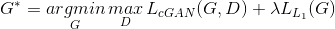 G^*=\mathop{argmin}\limits_{G}\mathop{max}\limits_{D}L_{cGAN}(G,D)+\lambda L_{L_1}(G)