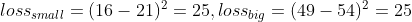 loss_{small}=(16-21)^2=25,loss_{big}=(49-54)^2=25