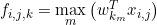 \small f_{i, j, k}=\max _{m}\left(w_{k_{m}}^{T} x_{i, j}\right)