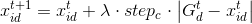 x_{id}^{t+1}=x_{id}^{t}+\lambda\cdot step_{c}\cdot \left | G_{d}^{t} -x_{id}^{t}\right |