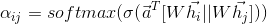 \alpha_{ij}=softmax(\sigma({\vec_a}^T[W{\vec_{h_i}} ||W{\vec_{h_j}} ]))