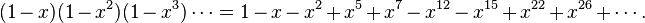 (1-x)(1-x^2)(1-x^3) \cdots = 1 - x - x^2 + x^5 + x^7 - x^{12} - x^{15} + x^{22} + x^{26} + \cdots.