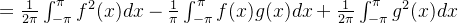 = \frac{1}{2\pi}\int_{-\pi}^{\pi}f^2 (x)dx - \frac{1}{\pi}\int_{-\pi}^{\pi}f(x)g(x)dx + \frac{1}{2\pi}\int_{-\pi}^{\pi}g^2(x)dx