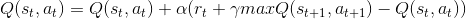 Q(s_t,a_t) = Q(s_t,a_t) + \alpha (r_t + \gamma maxQ(s_{t+1},a_{t+1})-Q(s_t,a_t))