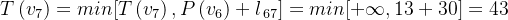 T\left ( v_{7} \right )= min[T\left ( v_{7} \right ),P\left ( v_{6} \right )+l_{\, 67}]= min[+\infty ,13+30]= 43