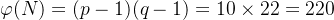 \varphi(N) = (p - 1)(q - 1) = 10 \times 22 = 220