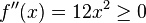 f''(x)=12x^2\ge0