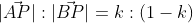 |\vec{AP}| : |\vec{BP}| = k:(1-k)