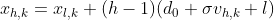 x_{h,k} = x_{l,k} +(h-1)(d_{0}+\sigma v_{h,k}+l)