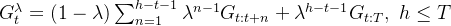 G_t^{\lambda }=(1-\lambda )\sum_{n=1}^{h-t-1 }\lambda^{n-1}G_{t:t+n} + \lambda^{h-t-1}G_{t:T},\ h \leq T