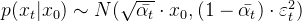 p(x_t|x_0) \sim N(\sqrt{\bar{\alpha_t}} \cdot x_0, (1- \bar{\alpha_t}) \cdot \varepsilon_t ^{2})