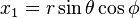 x_1 = r \sin\theta \cos\phi \,