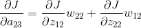 \frac{\partial J }{\partial a_{23}}=\frac{\partial J }{\partial z_{12}}w_{22}+\frac{\partial J }{\partial z_{22}}w_{12}