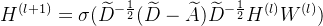 H^{(l+1)}=\sigma (\widetilde{D}^{-\frac{1}{2}}(\widetilde{D}-\widetilde{A})\widetilde{D}^{-\frac{1}{2}}H^{(l)}W^{(l)})