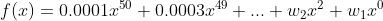 f(x) = 0.0001x^{50} +0.0003x^{49} + ... + w_{2}x^{2} + w_{1}x^{0}