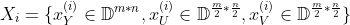 X_i= \{ x^{(i)}_Y\in\mathbb{D}^{m*n},x^{(i)}_U\in\mathbb{D}^{\frac{m}{2}*\frac{n}{2}},x^{(i)}_V\in\mathbb{D}^{\frac{m}{2}*\frac{n}{2}} \}