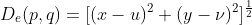 D_{e}(p,q)=[(x-u)^{2}+(y-\nu )^{2}]^{\frac{1}{2}}