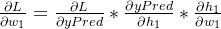 \frac{\partial L}{\partial w_1} = \frac{\partial L}{\partial yPred} * \frac{\partial yPred}{\partial h_1} * \frac{\partial h_1}{\partial w_1}