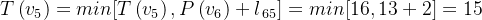 T\left ( v_{5} \right )= min[T\left ( v_{5} \right ),P\left ( v_{6} \right )+l_{\, 65}]= min[16,13+2]= 15